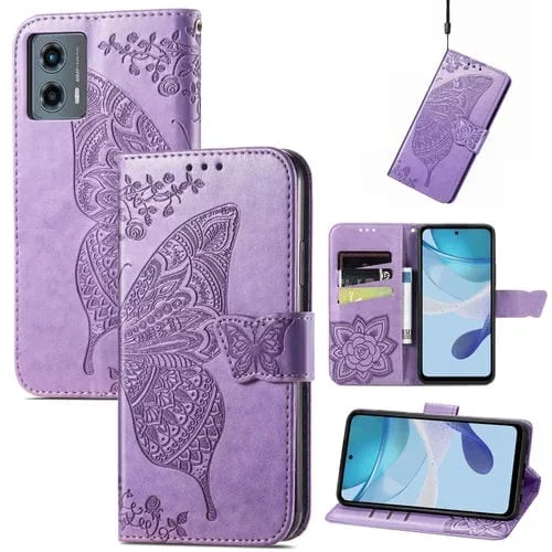 Estuche para Motorola Moto G 5G 2023 de Cuero En Relieve Butterfly Love Flower (Púrpura Claro)