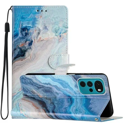 Estuche para Motorola Moto G22 de Cuero con Dibujo Coloreado (Mármol Azul)