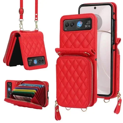 Estuche para Motorola Razr 40 con Bolsa para Tarjetas Textura Rómbica y Cordón Doble (Rojo)