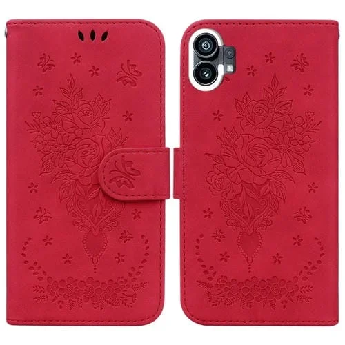 Estuche para Nothing Phone 1 de Cuero En Relieve con Mariposa y Rosa (Rojo)