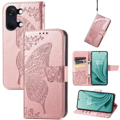 Estuche para OnePlus Ace 2V Butterfly Love Flower de Cuero en Relieve (Oro Rosa)