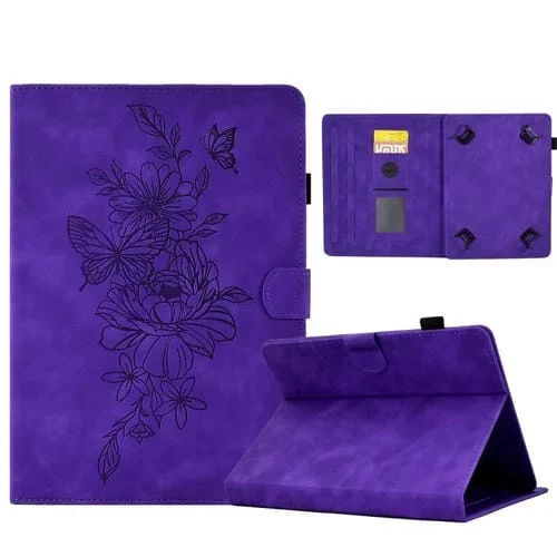 Estuche para Tableta 8 Pulgadas Cuero con Relieve Mariposa Peonía (Púrpura)
