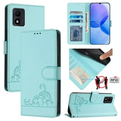 Estuche para TCL 303 CAT Rat de Cuero Rfid con Patrón En Relieve y Cordón (Verde Menta)