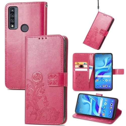 Estuche para TCL 4X 5G de Cuero con Hebilla en Relieve y Cierre de Cuatro Hojas (Rosa Roja)