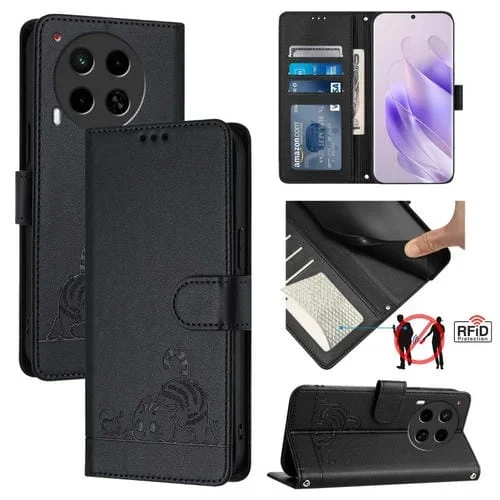 Estuche para Tecno Camon 30 5G Cl7 Cat Rat de Cuero RFID con Patrón en Relieve y Cordón (Negro)
