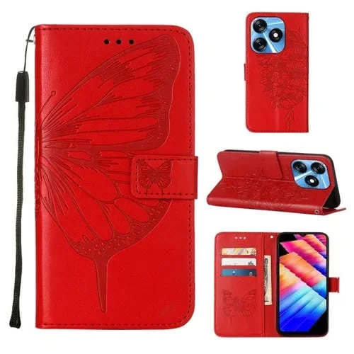 Estuche para Tecno Spark 10 4G K15K de Cuero con Mariposa en Relieve (Rojo)