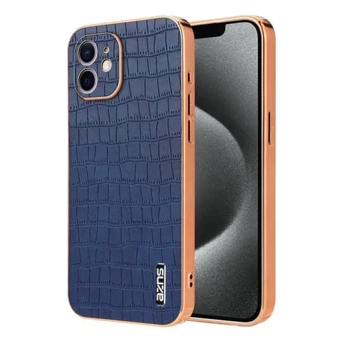 Estuche para teléfono Azns iPhone 11 cobertura total textura cocodrilo marco galvanizado (Azul)