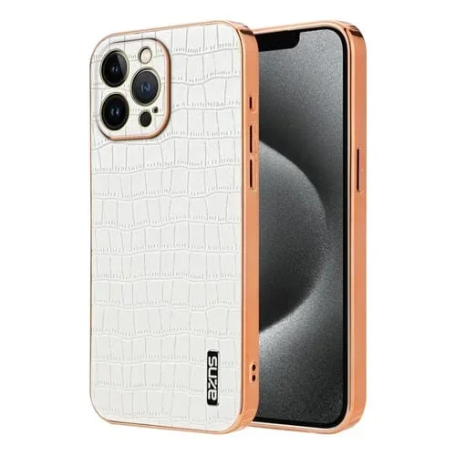 Estuche para teléfono Azns iPhone 13 Pro Cobertura total Textura de cocodrilo Marco galvanizado (Blanco)