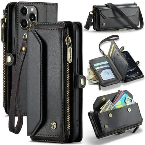Estuche para teléfono Caseme C36 iPhone 12 Pro Ranuras para Tarjetas Cartera con Cremallera Cuero Antirrobo Rfid (Negro)