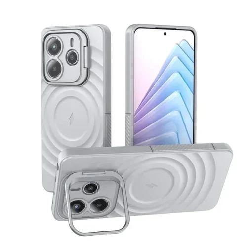 Estuche para Teléfono con Soporte de Marco de Lente Corrugado Magsafe para Redmi Note 14 5G (Gris)