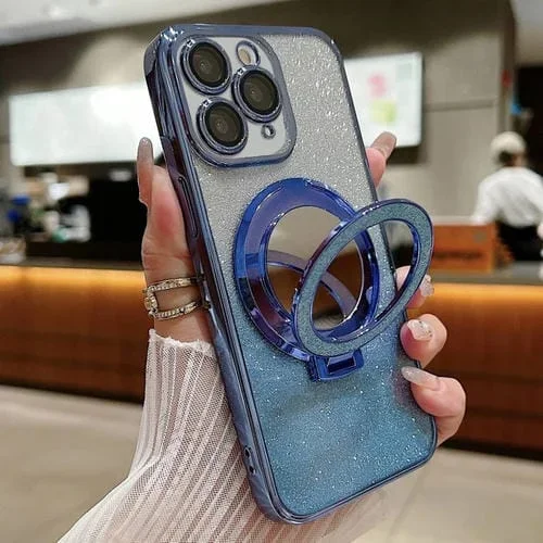 Estuche para Teléfono con Soporte Espejo Chapado y Purpurina Degradada Magsafe para iPhone 11 Pro Max (Azul)