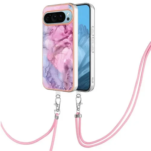 Estuche para Teléfono Google Pixel 9 Pro Imd Doble Cara Mármol Galvanizado con Cordón (Rosa)