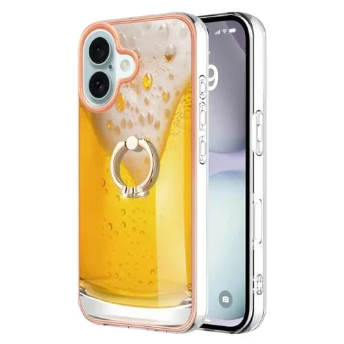 Estuche para Teléfono Imd Doble Cara con Galvanoplastia y Soporte para Anillo para iPhone 16 (Cerveza de Barril)