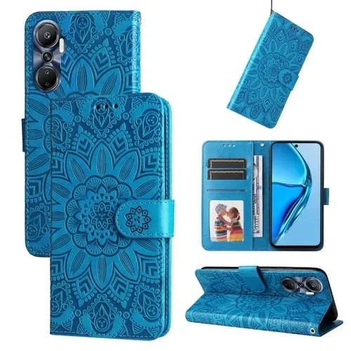 Estuche para Teléfono Infinix Hot 20 4G Cuero con Estampado de Girasol en Relieve (Azul)