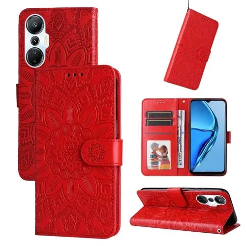 Estuche para Teléfono Infinix Hot 20S Cuero Estampado Girasol en Relieve (Rojo)