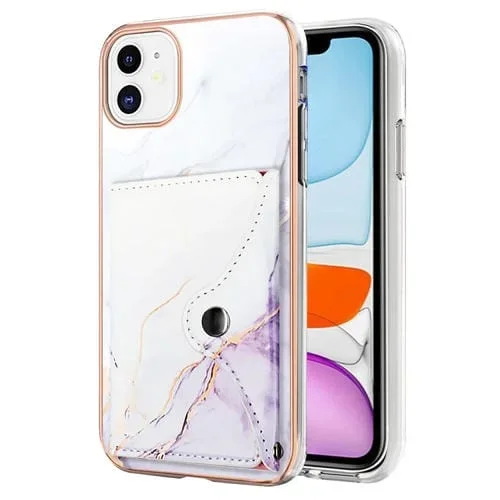 Estuche para Teléfono iPhone 11 con Ranura para Tarjeta Imd Patrón de Mármol (Blanco y Morado)