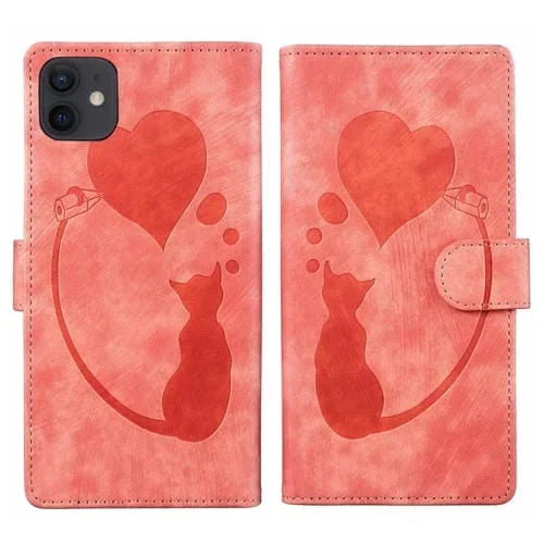 Estuche para Teléfono iPhone 11 Cuero con Relieve de Gato y Corazón (Naranja)