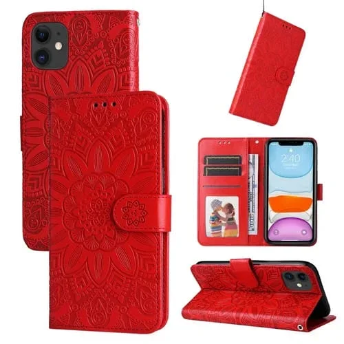 Estuche para Teléfono iPhone 11 Cuero Estampado Girasol en Relieve (Rojo)