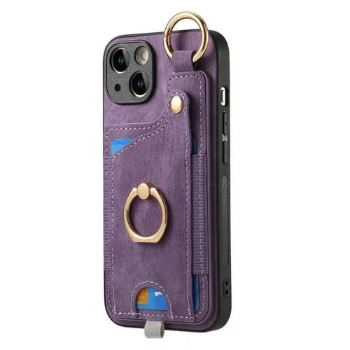 Estuche para Teléfono iPhone 11 Pro Bolsa para Tarjeta Anillo Piel Retro con Lazo para Colgar (Púrpura)