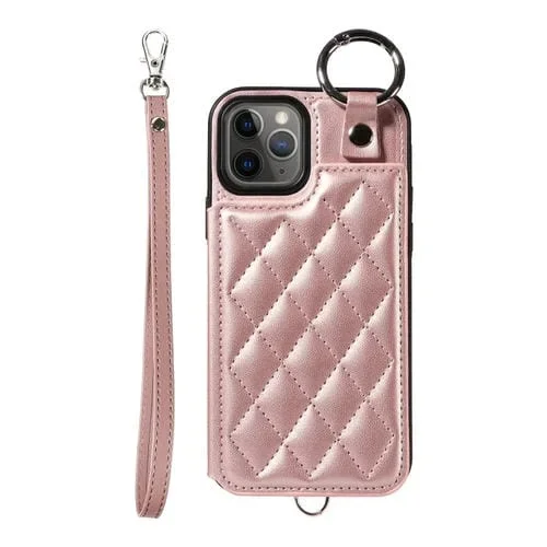 Estuche para teléfono iPhone 11 Pro con bolsa para tarjetas textura rómbica y cordón corto (Oro Rosa)