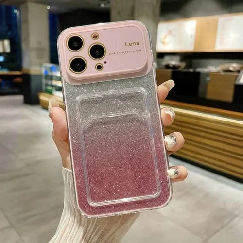 Estuche para teléfono iPhone 11 Pro con brillo degradado y ventana grande con ranura para tarjeta (Rosa)