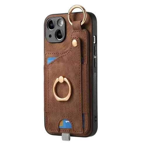 Estuche para Teléfono iPhone 11 Pro Max con Bolsa para Tarjeta y Anillo Sensación de Piel Retro con Lazo para Colgar (Marrón)