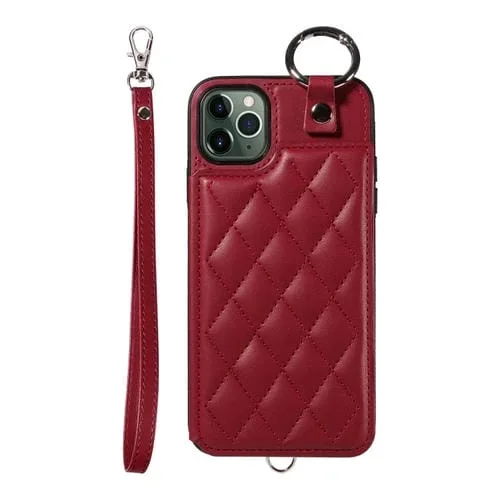 Estuche para Teléfono iPhone 11 Pro Max con Bolsa para Tarjetas Textura Rómbica y Cordón Corto (Rojo Vino)