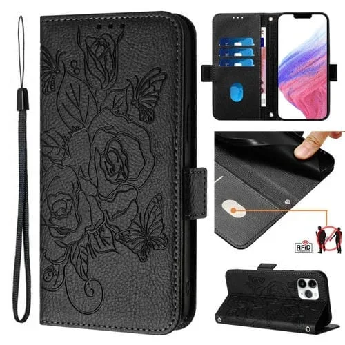Estuche para Teléfono iPhone 11 Pro Max Cuero Antirrobo Rfid Rosa En Relieve (Negro)