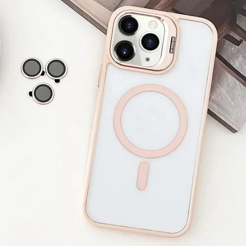 Estuche para teléfono iPhone 11 Pro Max Magsafe TPU híbrido acrílico con soporte y Película para Lentes (Rosa)