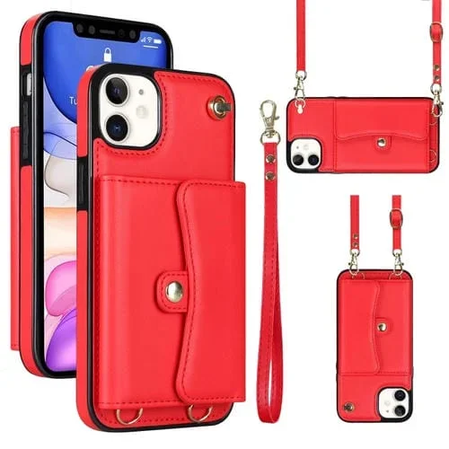 Estuche para Teléfono iPhone 11 Ranura para Tarjeta RFID con Cordón Largo (Rojo)