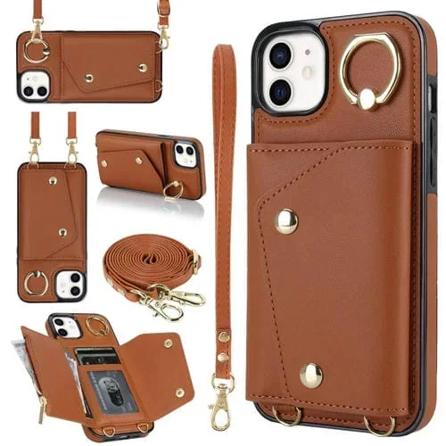 Estuche para Teléfono iPhone 12/12 Pro con Bolsa de Tarjeta con Cremallera y Doble Cordón (Marrón)