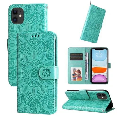 Estuche para Teléfono iPhone 12 Mini Cuero Estampado de Girasol En Relieve (Verde)