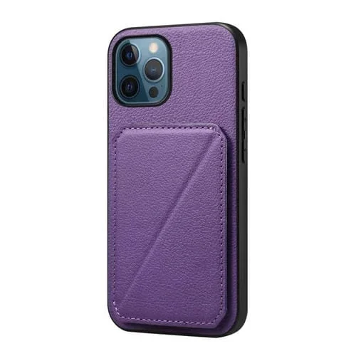 Estuche para teléfono iPhone 12 Pro D04 con ranura para tarjeta dual y textura de becerro (Púrpura)