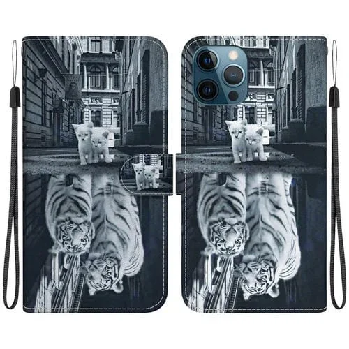 Estuche para Teléfono iPhone 12 Pro Max Cuero Dibujo Coloreado Textura Cristal (Reflejo de Tigre Gato)