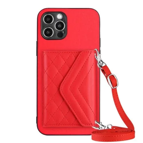 Estuche para Teléfono iPhone 12 Pro Rfid con Bolsa para Tarjetas Textura Rómbica y Cordón Largo (Rojo)