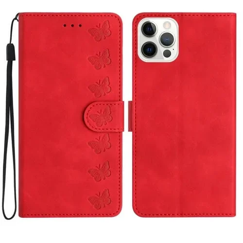 Estuche para teléfono iPhone 12 Pro Seven Butterflies Cuero en Relieve (Rojo)