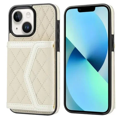 Estuche para Teléfono iPhone 13/14 con Bolsa para Tarjetas Textura Rómbica Empalme Cordón Largo (Beige)