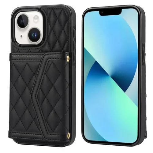 Estuche para Teléfono iPhone 13/14 con Bolsa para Tarjetas Textura Rómbica Empalme Cordón Largo (Negro)