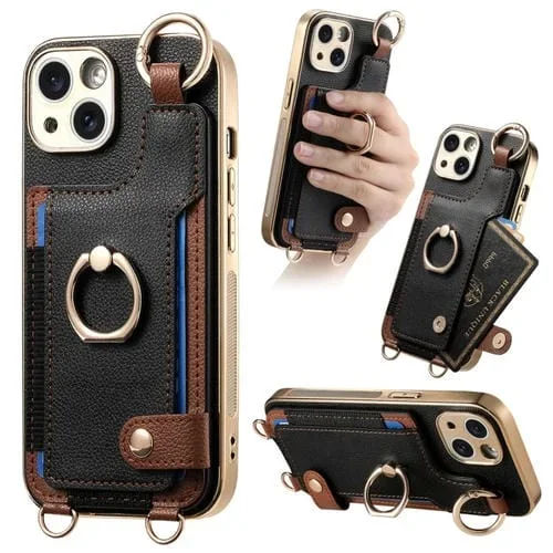 Estuche para Teléfono iPhone 13 con Bolsa para Tarjeta Anillo y Lazo para Colgar (Negro)