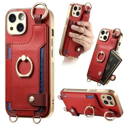 Estuche para Teléfono iPhone 13 con Bolsa para Tarjeta Anillo y Lazo para Colgar (Rojo)