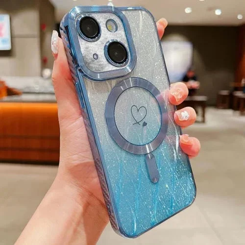 Estuche para teléfono iPhone 13 Loves Leaves Magsafe TPU con brillo degradado de fibra de carbono (Azul)