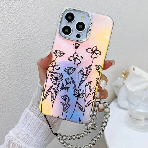 Estuche para teléfono iPhone 13 Pro con flor láser galvanizada y correa para muñeca (Flores Dibujadas)