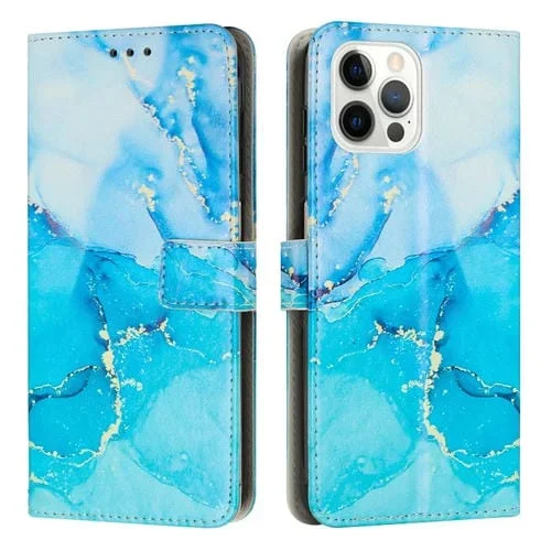 Estuche para Teléfono iPhone 13 Pro Cuero Patrón Mármol Pintado (Azul Verde)