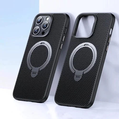 Estuche para Teléfono iPhone 13 Pro Fibra de Carbono con Soporte Magsafe de Doble Anillo (Plateado)