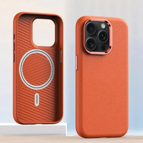 Estuche para Teléfono iPhone 13 Pro Magsafe Cuero Marco de Lente Metal Cobertura Total a Prueba de Golpes (Naranja)