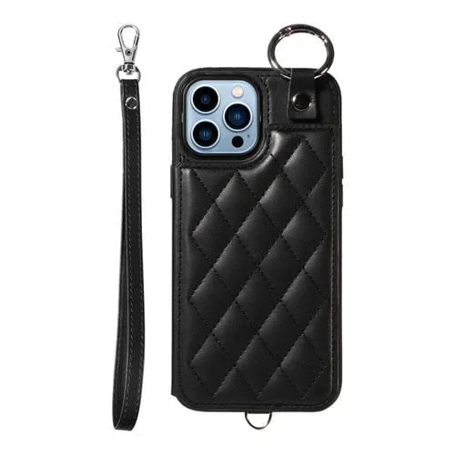 Estuche para Teléfono iPhone 13 Pro Max con Bolsa para Tarjetas Textura Rómbica y Cordón Corto (Negro)