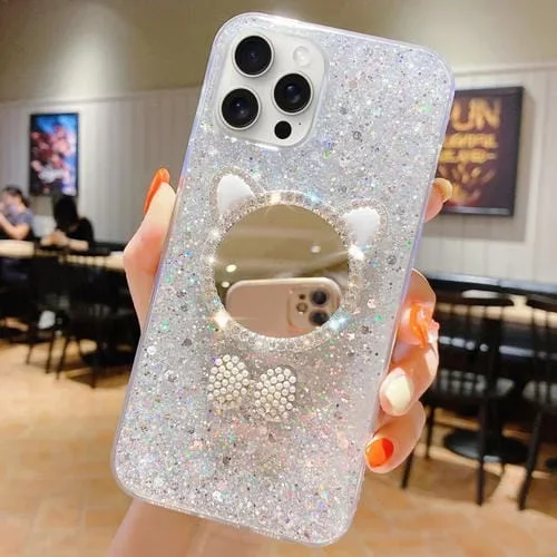 Estuche para Teléfono iPhone 13 Pro Max TPU Epoxi Orejas de Gato Diamantes Lentejuelas (Plateado)