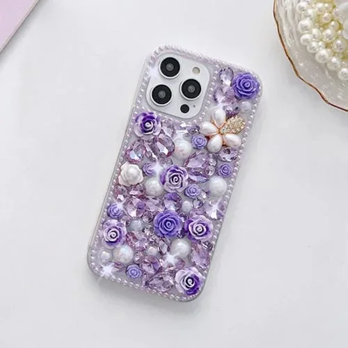 Estuche para Teléfono iPhone 13 Pro Rose con Diamante para PC Montado a Mano (Púrpura)