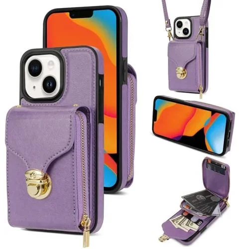 Estuche para Teléfono iPhone 14 / 13 con Billetera y Tarjeta de Hardware con Cremallera (Púrpura)