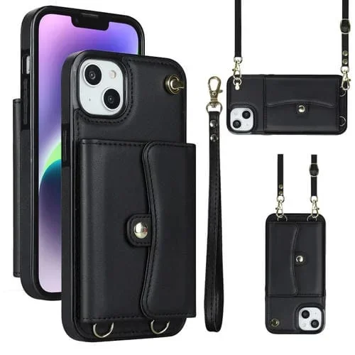 Estuche para Teléfono iPhone 14/13 con Ranura para Tarjeta Rfid y Cordón Largo (Negro)
